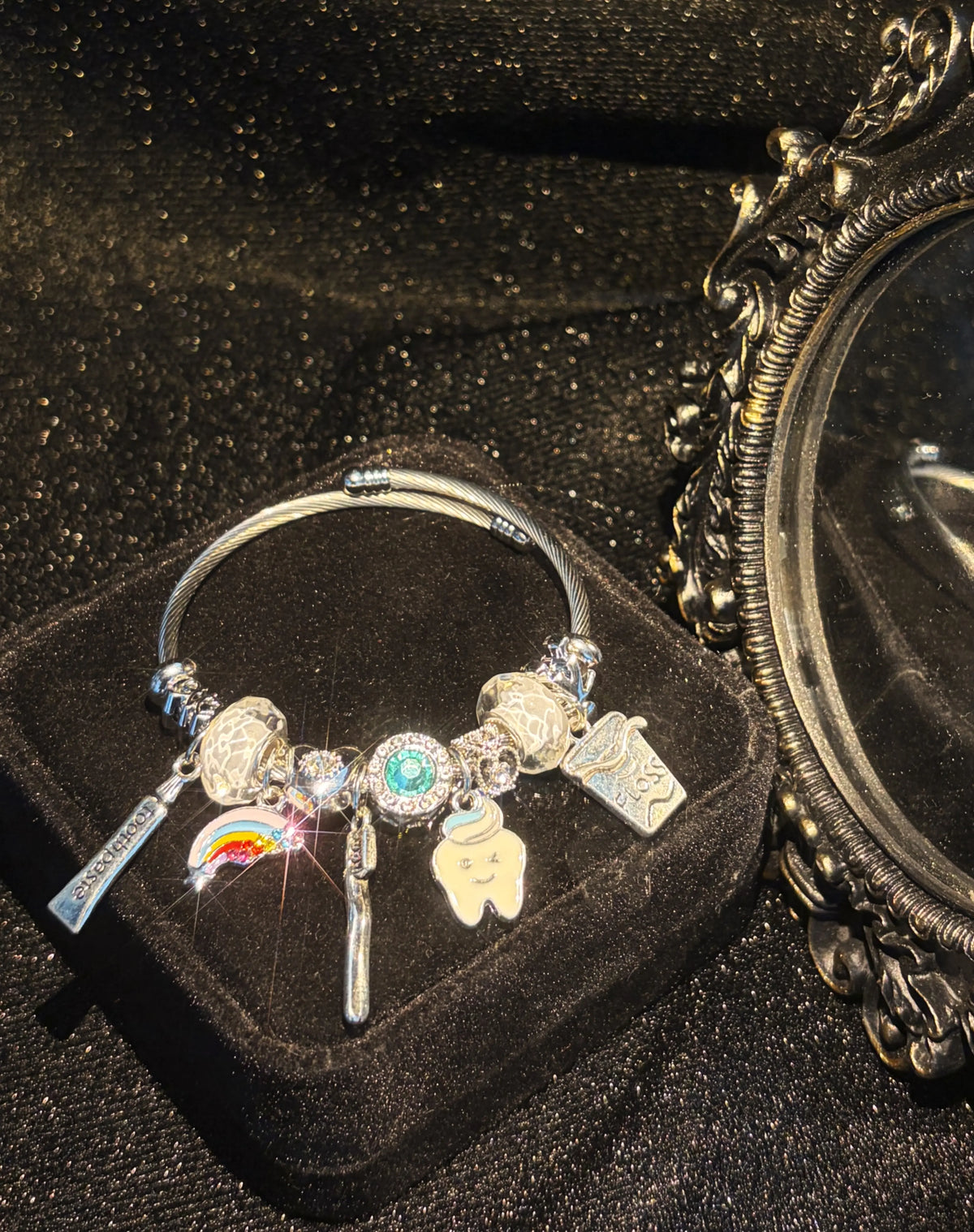 Dentist Themed Charm Bangle Bracelet, Hypoallergenic Alloy Bangle with Cute Tooth, Dental Floss & Rainbow Charms, Fashion Jewelry Gift for Women Girls