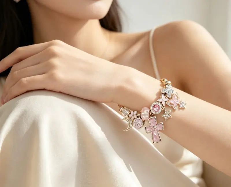 Pink Cross Charm Adjustable Cuff Bangle, Silver Plated Cable Wire Bracelet with Moon Star Butterfly Flower Crystal Charms, Religious Dainty Wrist Jewelry Gift for Women Teen Girls
