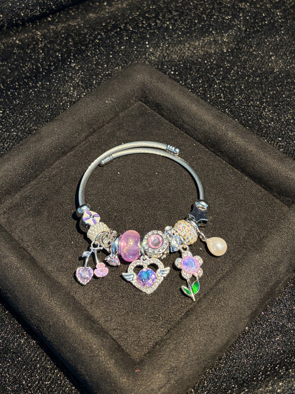 Women's Silver-Tone Open Cuff Bangle Bracelet - Dreamy Pink-Purple Crystal, Flower, Heart, Pearl Charms - Stackable Costume Jewelry Gift