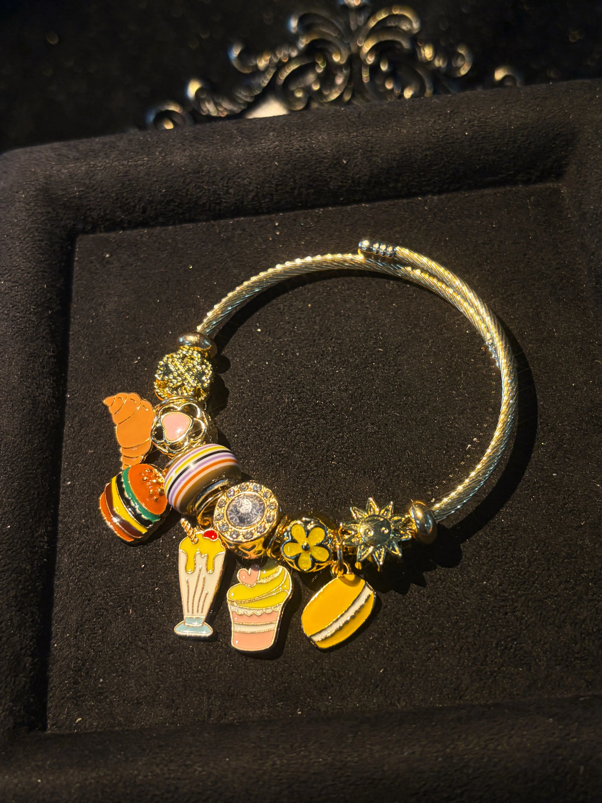 Women's Gold-Tone Open Cuff Bangle with Cute Food Pendant, Adjustable Stackable Costume Jewelry for Gifting