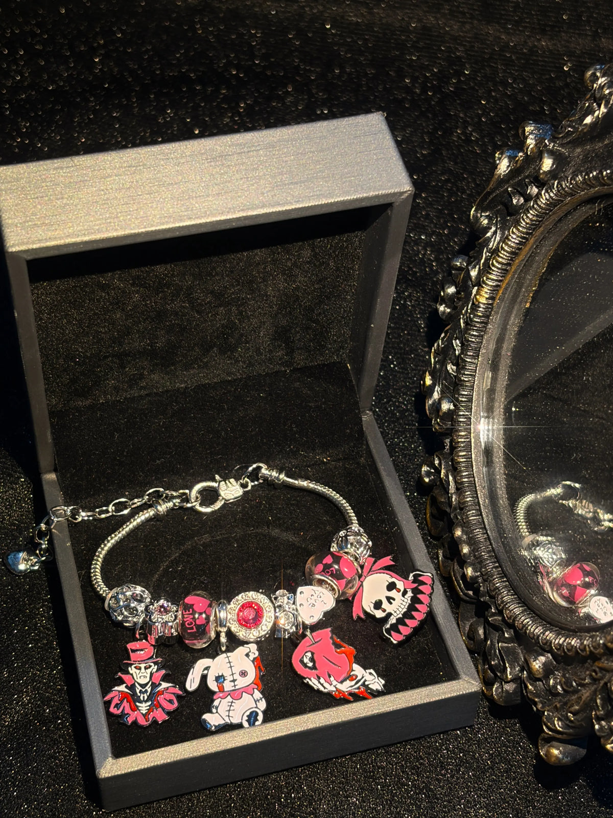 Silver Tone Festival Charm Bracelet - Gothic Cute Dangle Pendants, Stitched Rabbit & Skull Charms, Pink-Black Murano Glass Beads, Shiny Rhinestone Spacer Beads, Adjustable Snake Chain, Y2K Trendy Jewelry for Halloween Party Cosplay