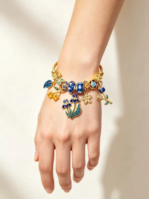 Vintage Blue Iris Floral Gold Cable Bangle, Enamel Flower Leaf Crystal Charms Twist Bracelet for Daily Vacation Wear