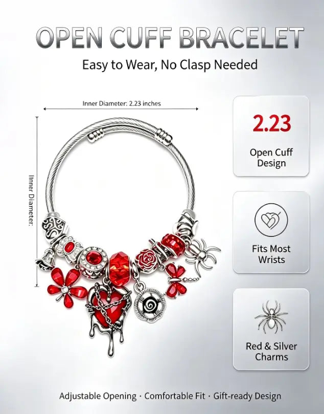 Gothic Red Heart Drip Charm Bangle Open Adjustable Silver Wire Bracelet Spider Rose Red Crystal Beads Stackable Jewelry Gift For Women