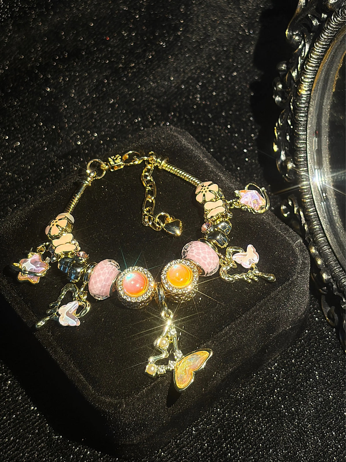 Gold Tone Snake Chain Charm Bracelet - Rhinestone-Inlaid Heart, Butterfly, Star, Flower Dangle Charms - Fashion Multi-Element Beaded Jewelry Gift for Women