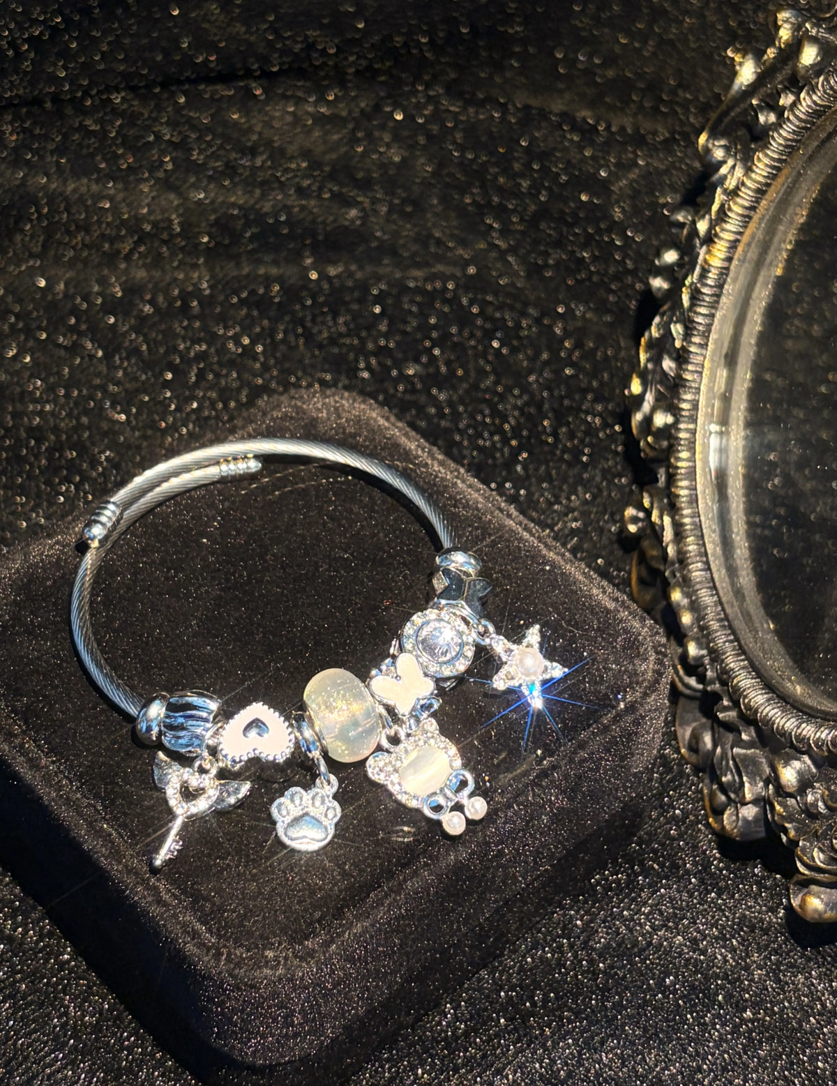 Women's Silver-Tone Open Cuff Bangle Bracelet with Cat Paw, Heart, Star, Butterfly Dangle Charms - Costume Jewelry Gift