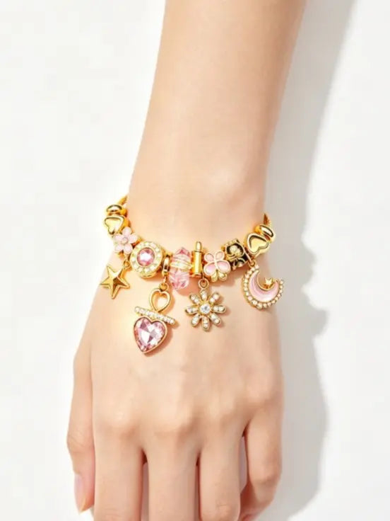 Pink Heart Moon Star Charm Gold Bangle Bracelet, Adjustable Cable Wire Cuff Bracelet with Pink Crystal Flower Charms, Cute Sweet Jewelry Gift for Women Teen Girls