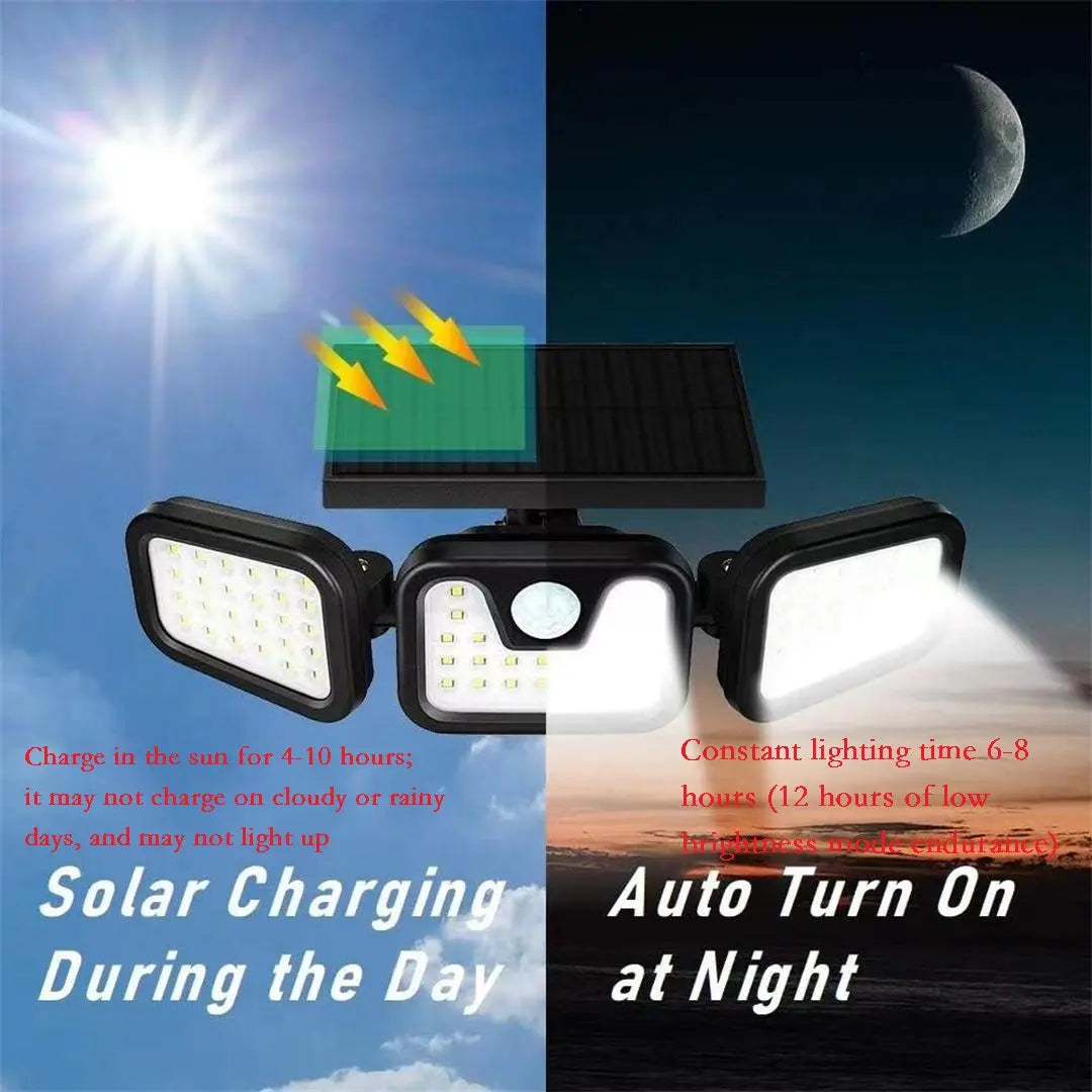 Solar-Powered Outdoor Wall Light with 3-Head Rotating Motion Sensor, Waterproof 74 LEDs for Yard and Garden