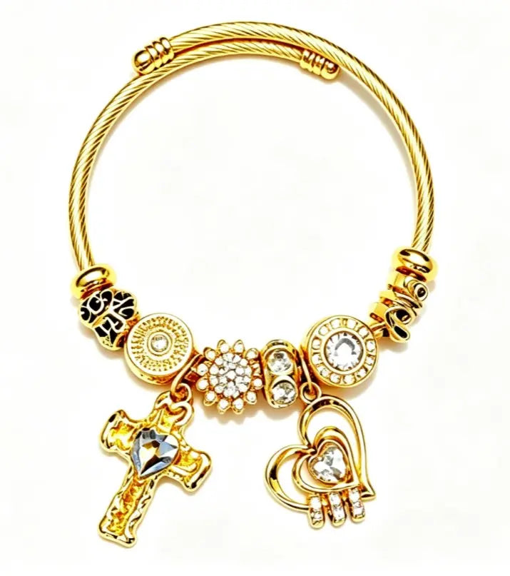 Gold Cross Heart Charm Bangle for Women, Adjustable Wire Cable Cuff Bracelet with Crystal Rhinestone Beads, Inner Diameter 2.28 Inches Dainty Religious Faith Jewelry Gift