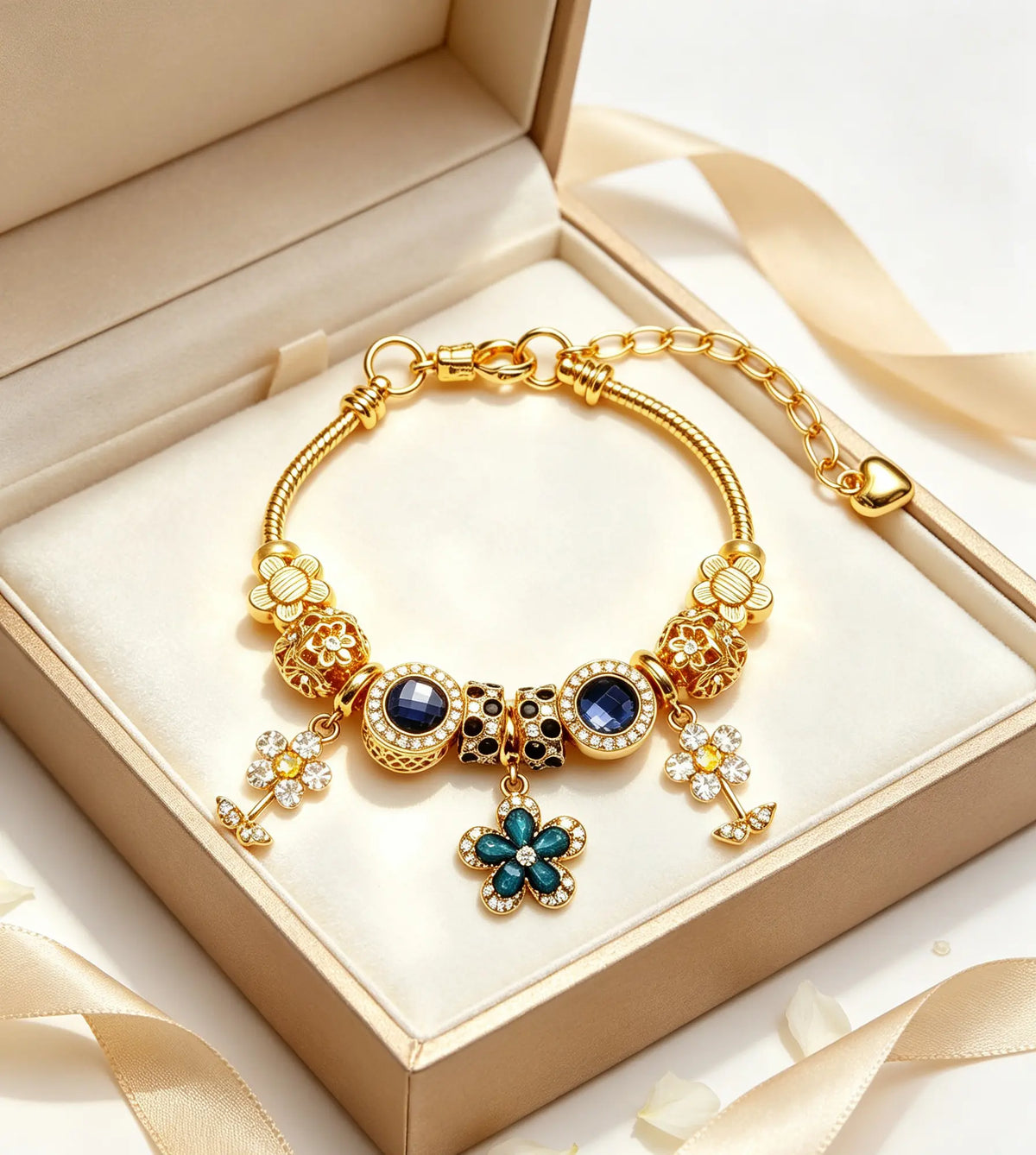 Gold-Tone Flower Charm Bracelet with Blue Crystals and Sparkling Zirconia, Fashionable Floral Pendant Design for Women's Daily Wear and Gift Giving