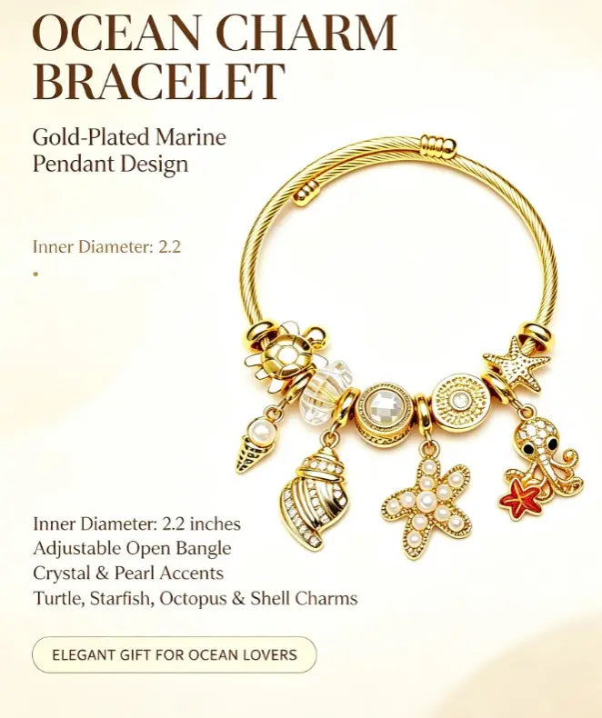Gold Ocean Sea Themed Open Cuff Bangle, Adjustable Twisted Cable Wire Bracelet with Octopus, Turtle, Starfish, Seashell, Pearl & Crystal Charms, Summer Beach Stackable Jewelry Gift for Women Girls