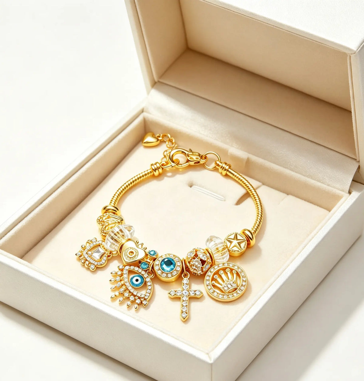 Gold Tone Charm Bracelet for Women, Blue Evil Eye Cross Star Lucky Charms Bracelet, Crystal Statement Jewelry Gift for Her