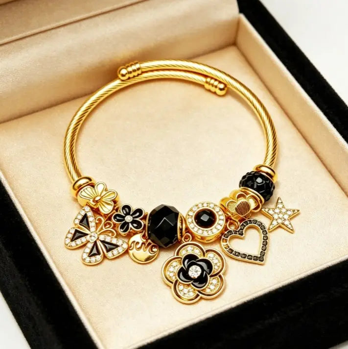 Gold Black Clover Charm Bangle Bracelet for Women, Adjustable Twisted Cable Wire Open Cuff Bracelet with Butterfly Star Heart Crystal Beads Charms, Luxury Dainty Jewelry Gift for Birthday Anniversary