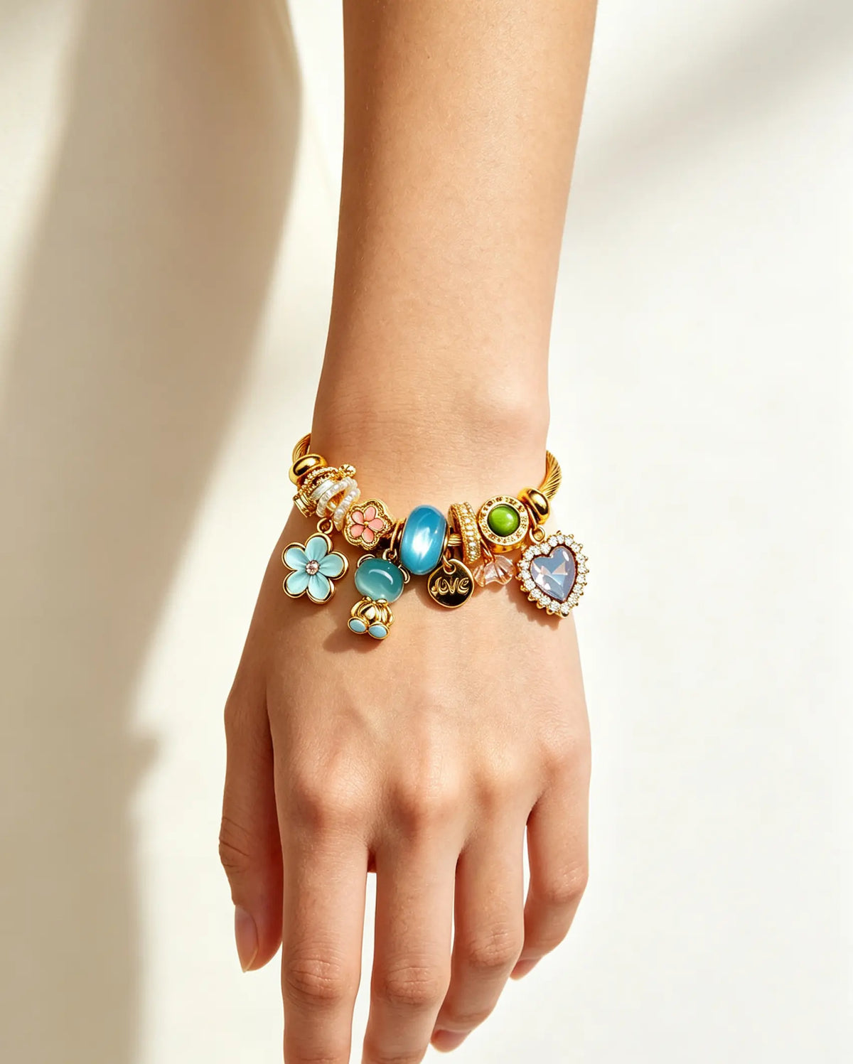 Adjustable Open Cuff Charm Bracelet for Women, 2 Styles Pink & Sky Blue Enamel Bead Bangle with Rhinestone Heart Charms, Gold Twisted Wire Flexible Bracelets Jewelry Gift for Daily Wear