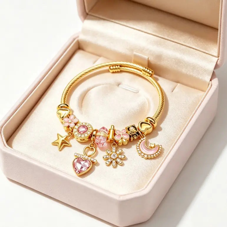 Pink Heart Moon Star Charm Gold Bangle Bracelet, Adjustable Cable Wire Cuff Bracelet with Pink Crystal Flower Charms, Cute Sweet Jewelry Gift for Women Teen Girls