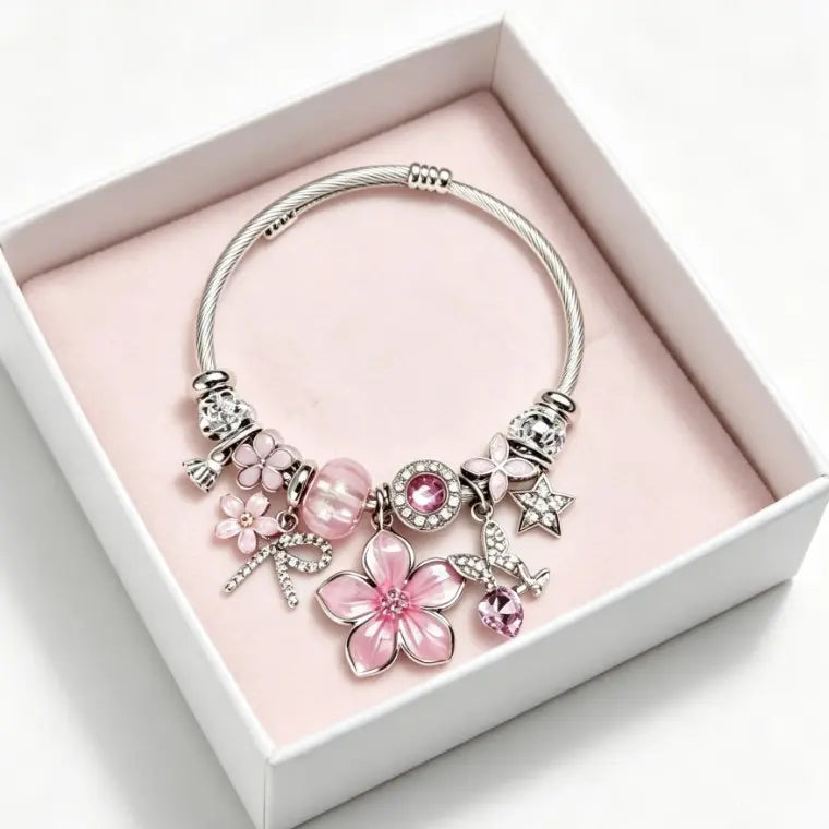 Tone Silver Twisted Open Bangle Pink Blue Black Purple Sakura Flower Crystal Rhinestone Charm Bracelet Women Sweet Girly Jewelry Gift
