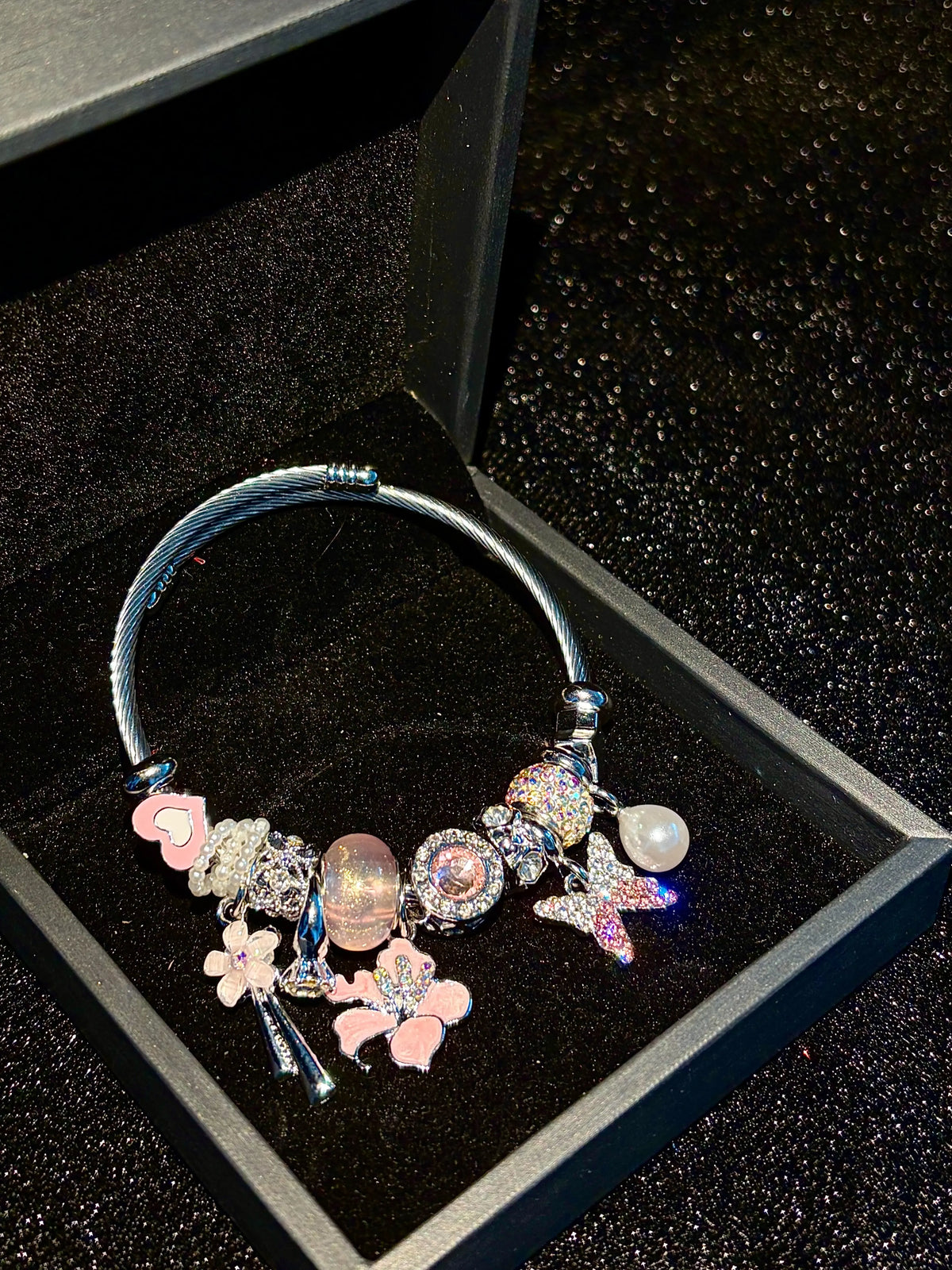 Women's Pink Enamel Charm Open Cuff Bangle Bracelet - Silver-Toned Wire Bangle with Star, Flower, Pearl, Crystal Charms - Sparkling Costume Fashion Jewelry Accessory