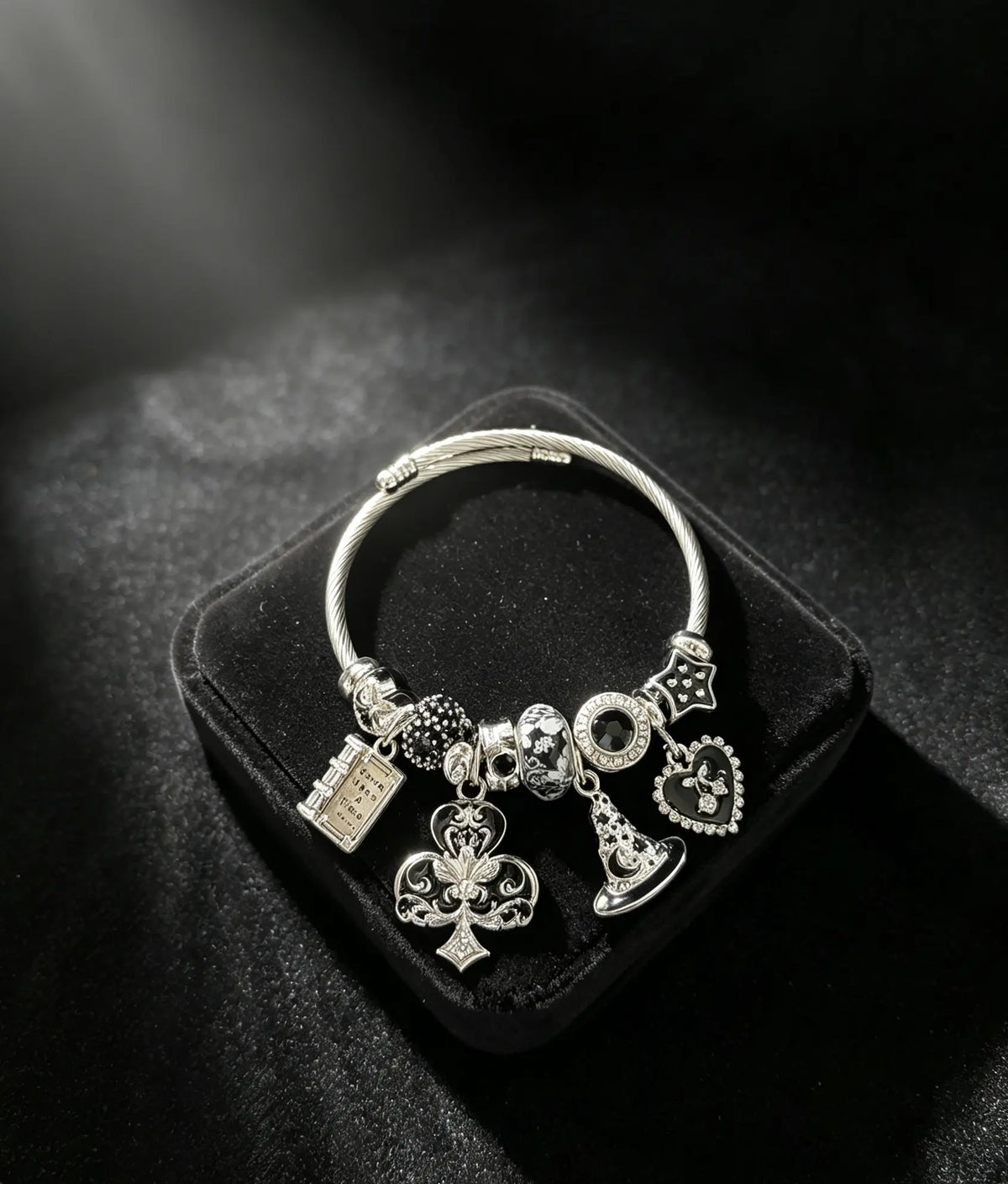 Open Adjustable Wire Bangle Bracelet, Magic Wizard Hat Clover Book Heart Star Charms Beads Silver Tone Bracelet, Fashion Jewelry Gift for Women Girls