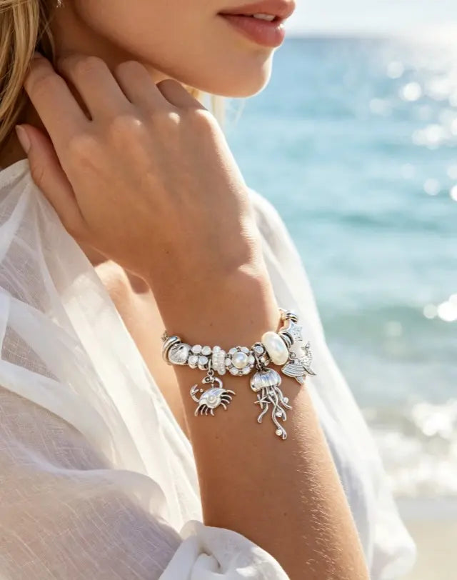 Ocean Pearl Silver Bangle Bracelet, Jellyfish Crab Whale Starfish Charm Twist Cable Bracelet, Summer Beach Sea Animal Bead Jewelry Gift for Women