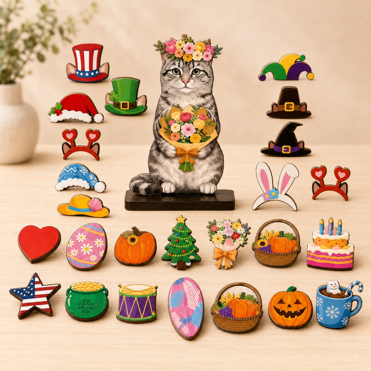 🔥 Last Day 51% OFF - Interchangeable Magnetic Seasonal Cat Wooden Tabletop Decor Set