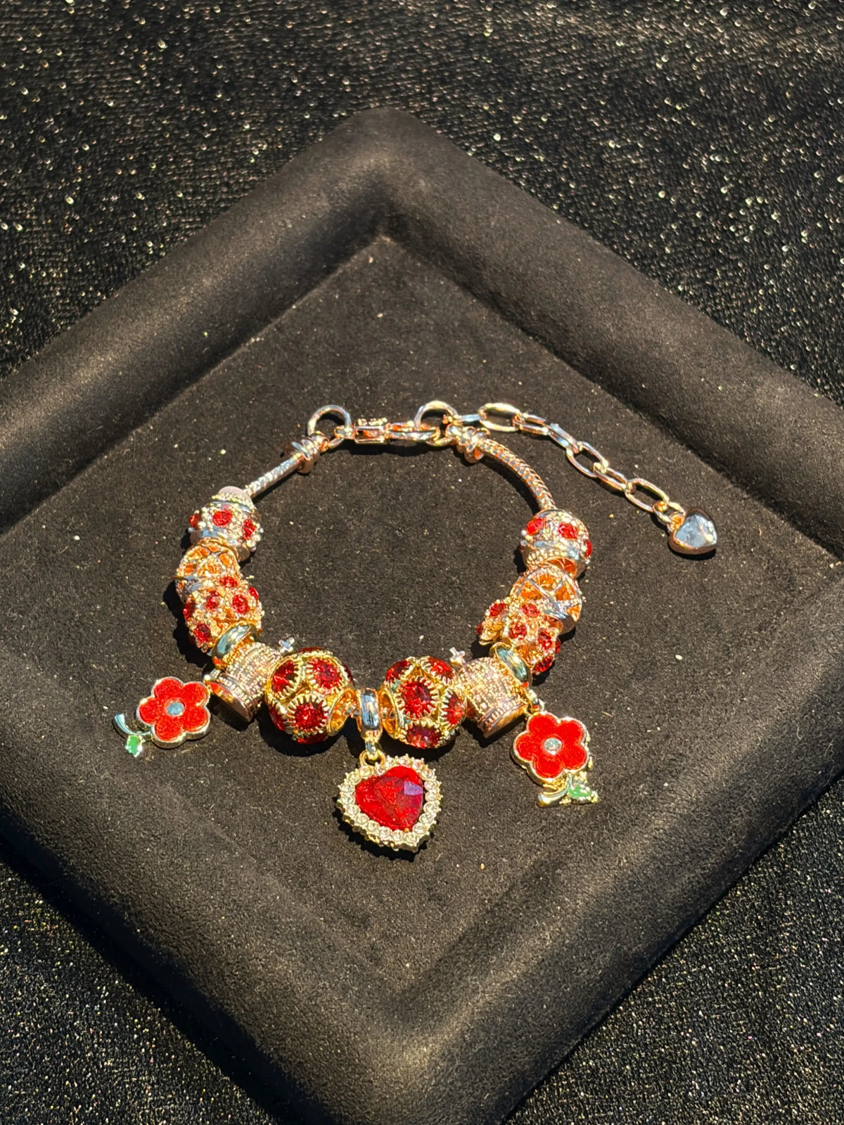 Pink Gold Women Beaded Snake Chain Bracelet, Red Rhinestone Heart & Enamel Flower Pendants, Decorative Crystal Beads, Adjustable Extender Chain Wrist Ornament, Fashion Daily Accessory, Nice Birthday Holiday Dating Party Present for Ladies Teen Girls