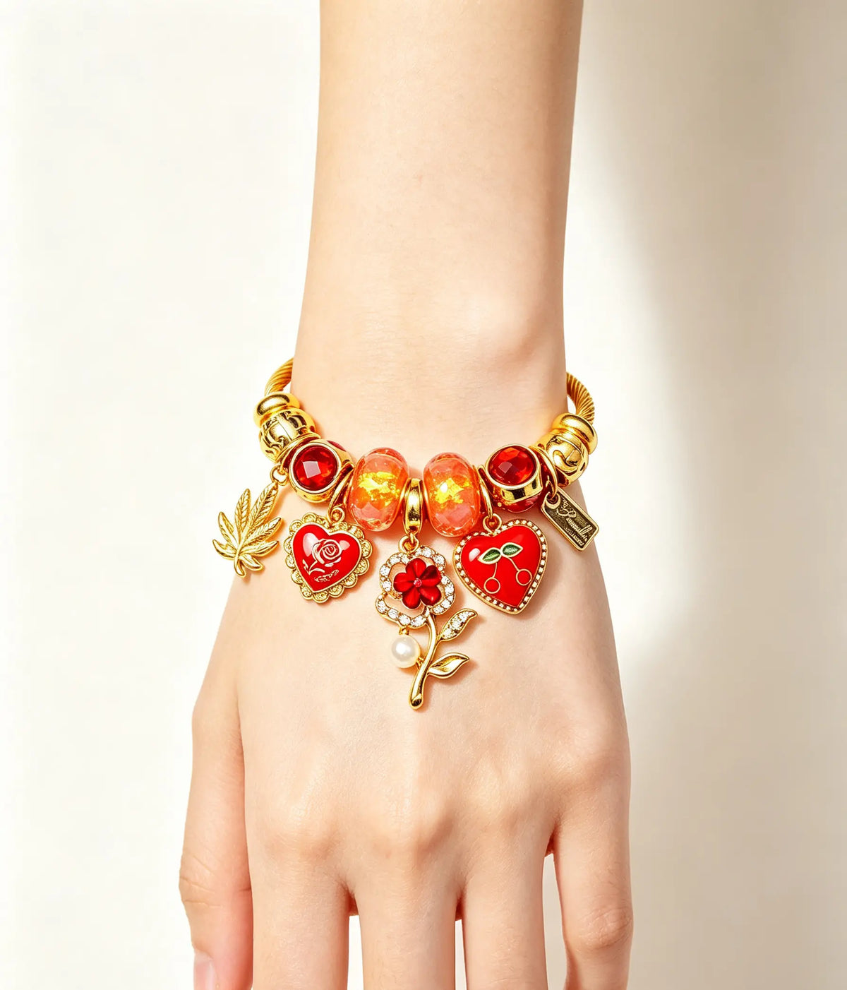 Charm Open Cuff Bangle Bracelet, Gold Twisted Wire Bracelet with Red Heart Cherry Rose Flower Charms, Dainty Adjustable Beaded Bracelet Jewelry Gift for Women Girls