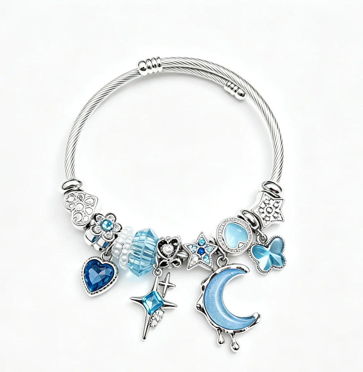 Blue Moon Star Charm Bracelet, Adjustable Silver Cable Bangle with Blue Crystal Heart Butterfly Charms, Women Fashion Jewelry Gift
