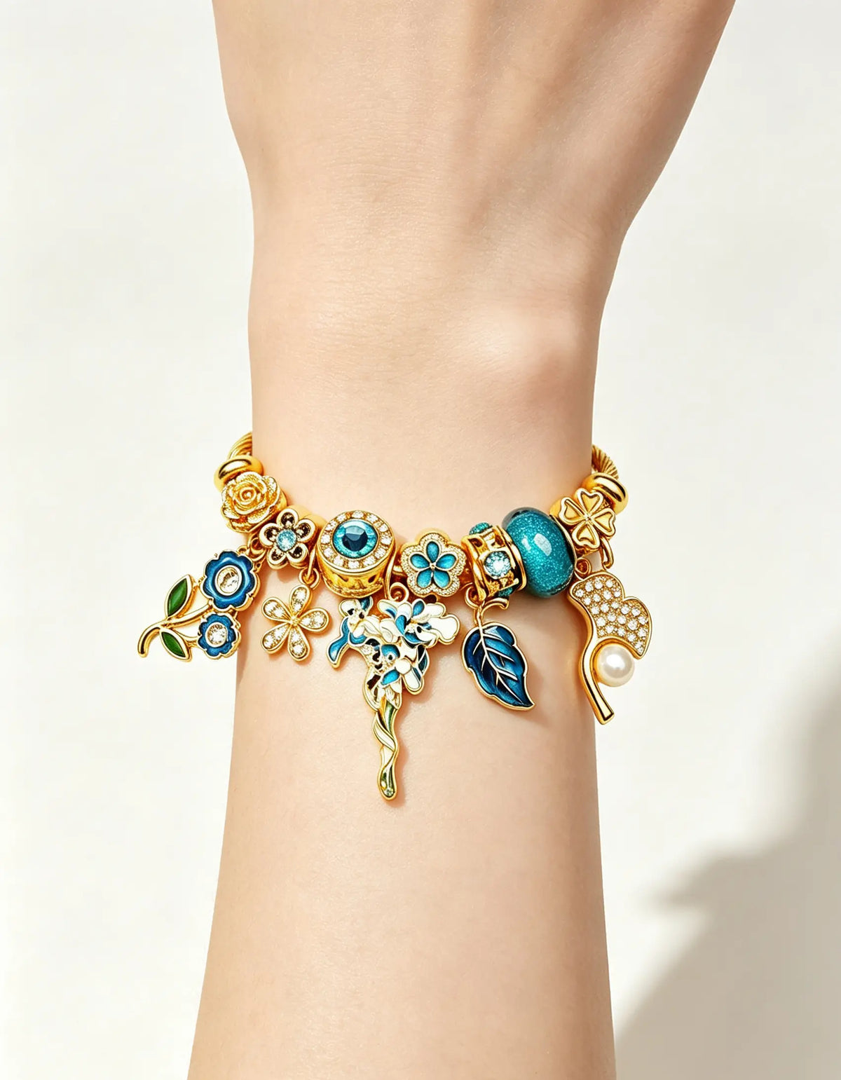 Gold Adjustable Cable Wire Charm Bangle Bracelet, Enamel Blue Flower Leaf Pearl Crystal Beaded Bracelet, Vintage Floral Jewelry Gift for Women