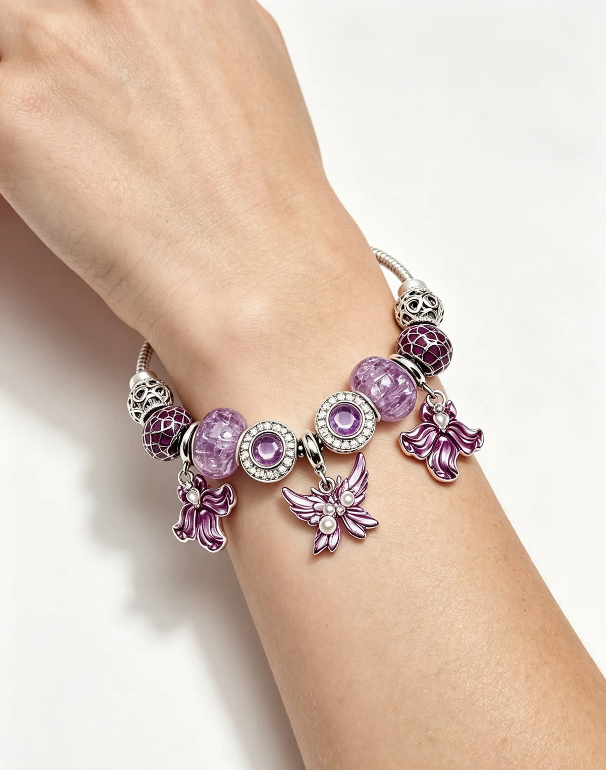 Purple Butterfly Angel Charm Snake Chain Bracelet, 9.85 Inches Adjustable Extension Chain Beaded Bracelet with Purple Crystal Beads, Fashion Jewelry Gift for Women Teen Girls