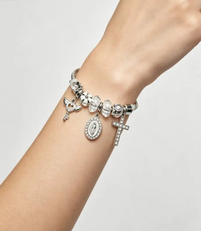 Tone Silver Snake Chain Charm Bracelet Rhinestone Cross Saint Medal Wing Key Clear Crystal Floral Bead Religious Women Jewelry Gift