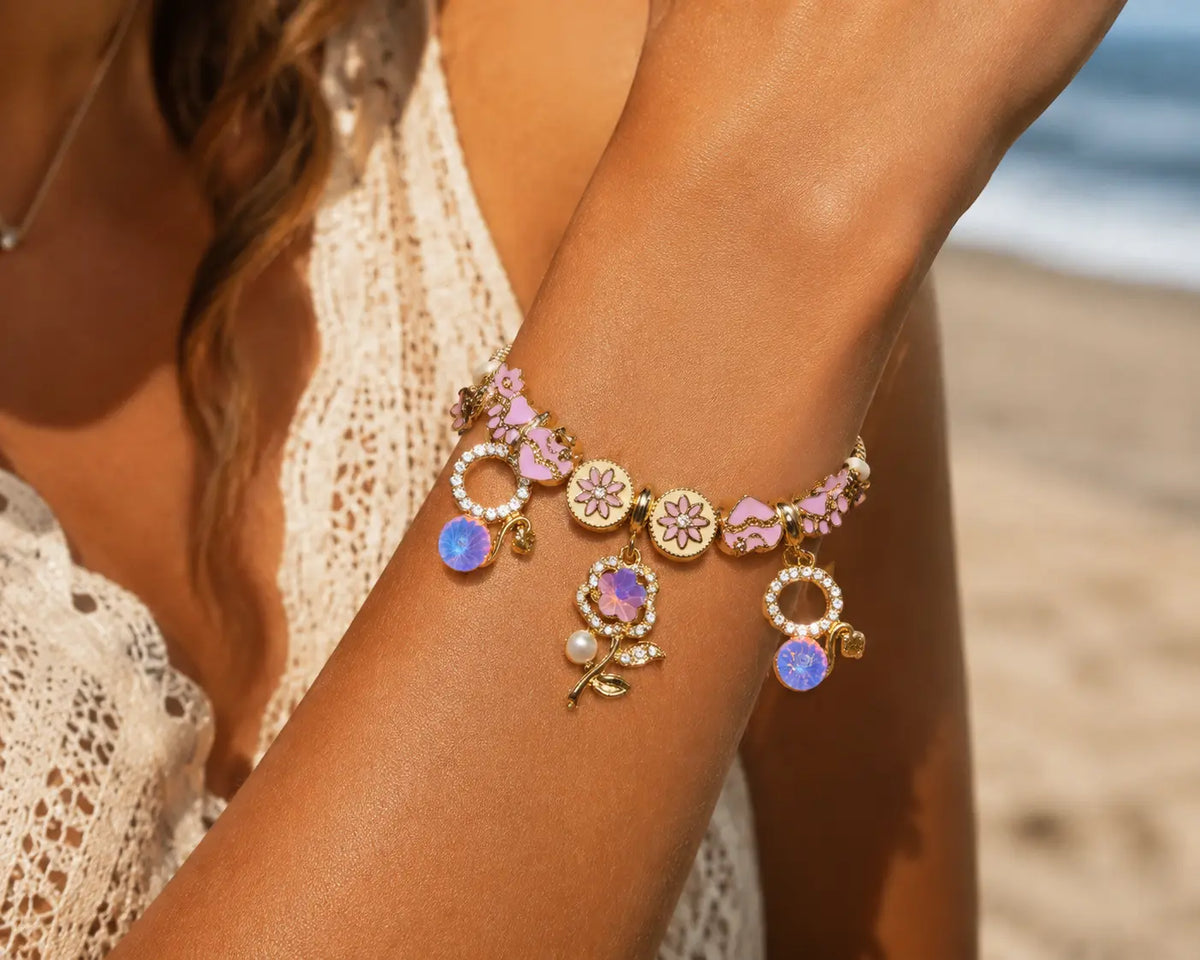 Golden Snake Chain Charm Bracelet, Purple Floral Cat Paw Beaded Bracelet with Opal Crystal Pendant Adjustable Jewelry for Women