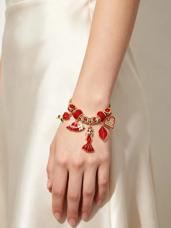 Red Rose Lady Charm Bracelet for Women, Gold Snake Chain Beaded Bangle with Lip Hat Heart Pendant, Adjustable 9.45 Inch Ladies Dainty Valentine Jewelry