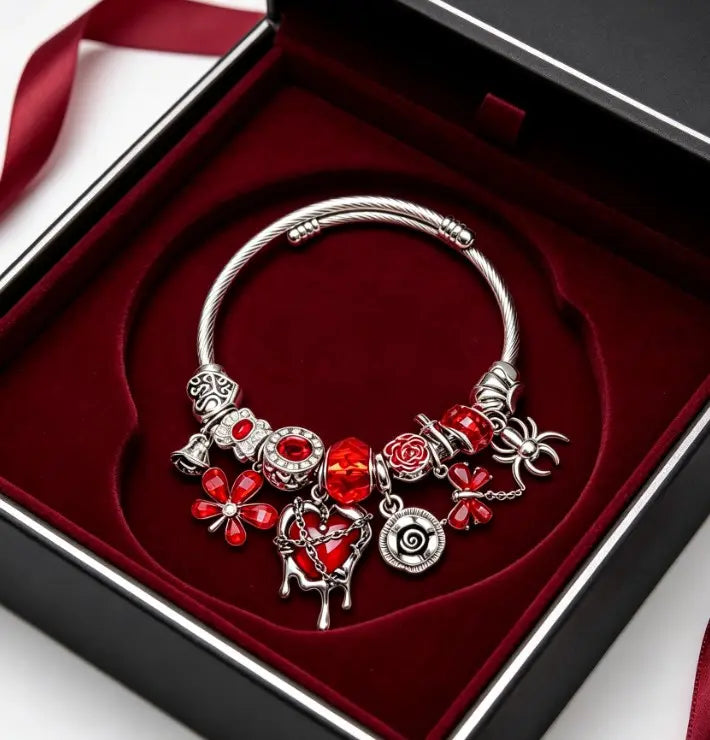 Gothic Red Heart Drip Charm Bangle Open Adjustable Silver Wire Bracelet Spider Rose Red Crystal Beads Stackable Jewelry Gift For Women