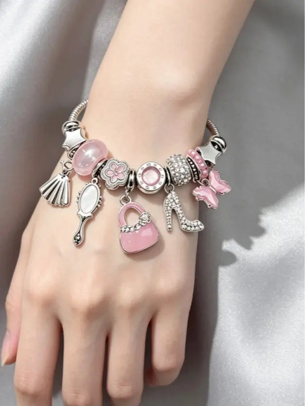Silver Snake Chain Charm Bracelet, Pink Enamel Handbag High Heels Mirror Butterfly Beaded Bracelet, Sweet Fashion Jewelry Gift for Women Teen Girls