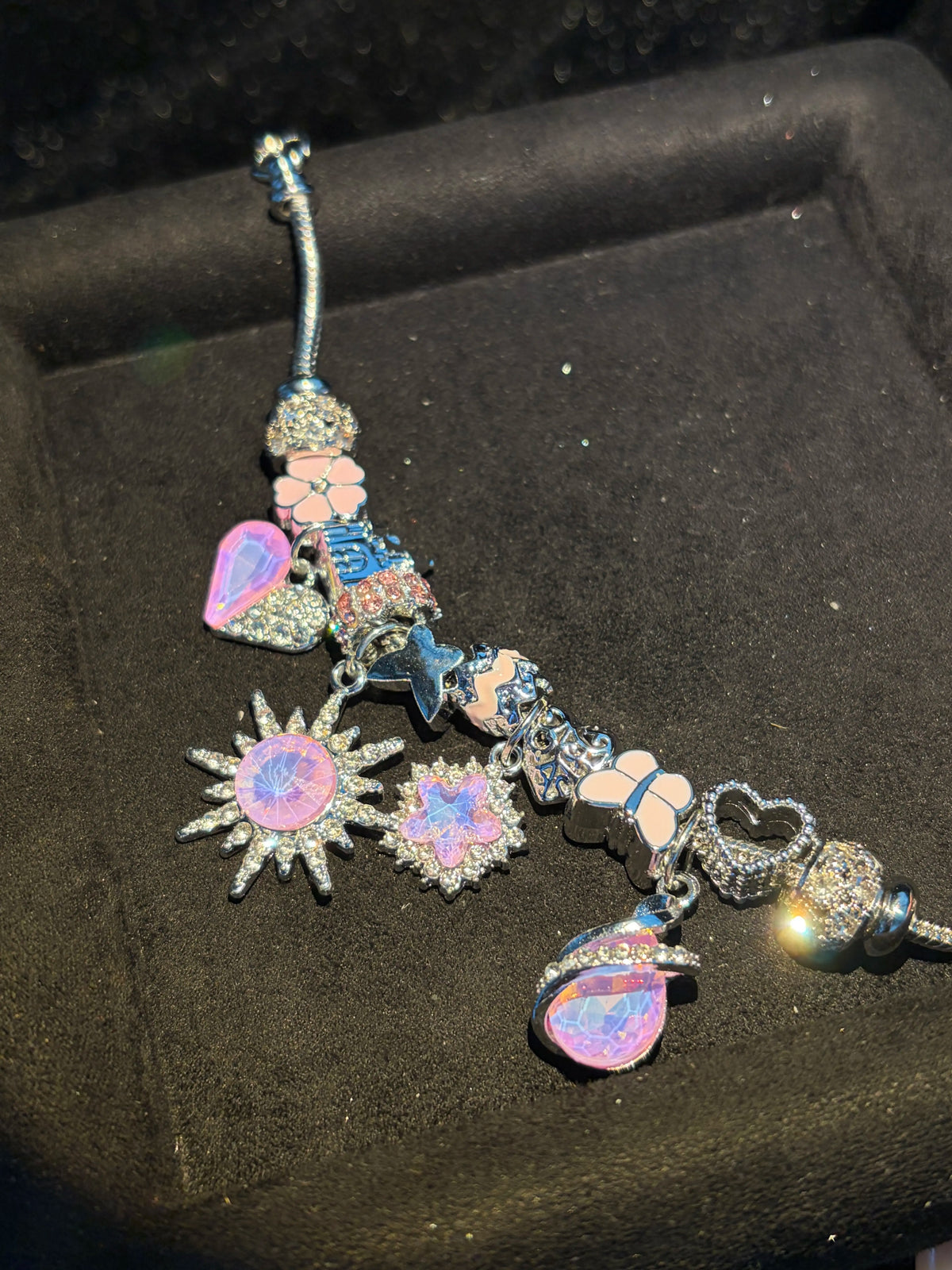 Pink Purple Crystal Sun Castle Charm Bracelet, Silver Plated Adjustable Snake Chain Bead Bracelet, Fashion Dangle Butterfly Flower Heart Beads Jewelry Gift for Women Girls