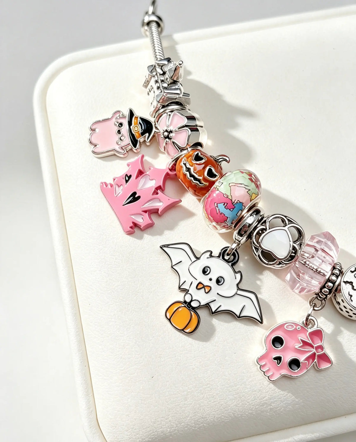 Halloween Pink Ghost Charm Bracelet, Silver-Tone Adjustable Snake Chain Bracelet with Pumpkin Bat Skull Dangle Charms, Cute Halloween Jewelry Gift for Women Girls