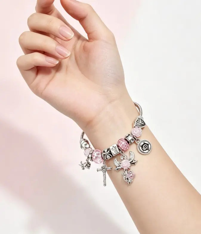 Silver Adjustable Snake Chain Charm Bracelet, 3D Stereoscopic Rose Cross Angel Butterfly Beaded Bracelet, Exquisite Handcraft Fashion Jewelry Gift for Women Teen Girls