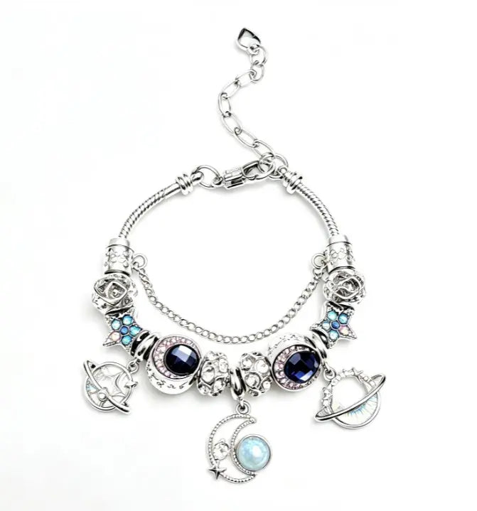 Cosmic Star Moon Planet Charm Bracelet, Silver Plated Adjustable Snake Chain Bracelet with Dark Blue Crystal Beads, Saturn Planet & Crescent Moon Pendant, Celestial Space Jewelry Gift for Women Teen Girls
