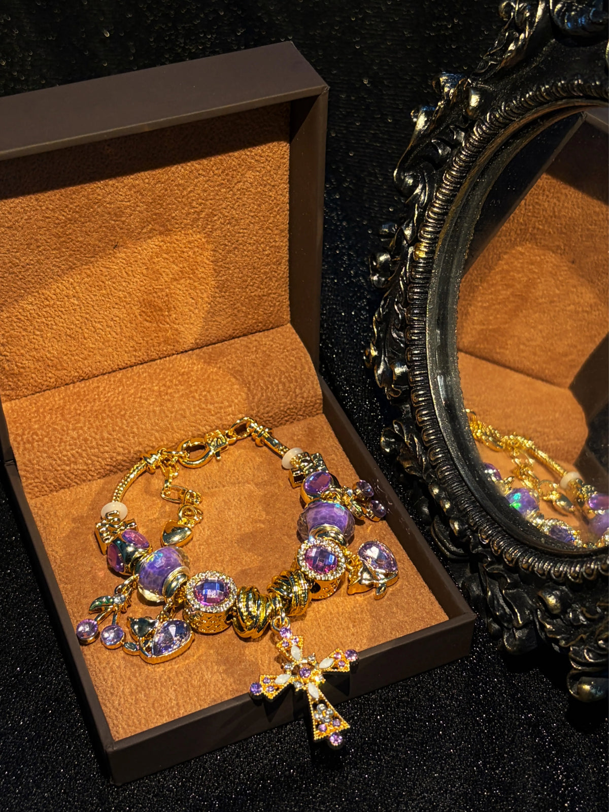 Women's Purple Cross Gold-Tone Snake Chain Bracelet with Rhinestone Beads, Stackable Costume Jewelry Accessory