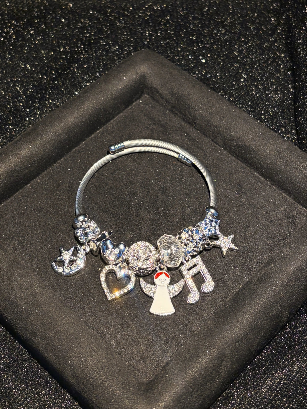 Sparkling Rhinestone Angel Music Note Heart Star Dangle Charms Silver Tone Open Wire Bangle, Elegant Beaded Jewelry Gift for Women