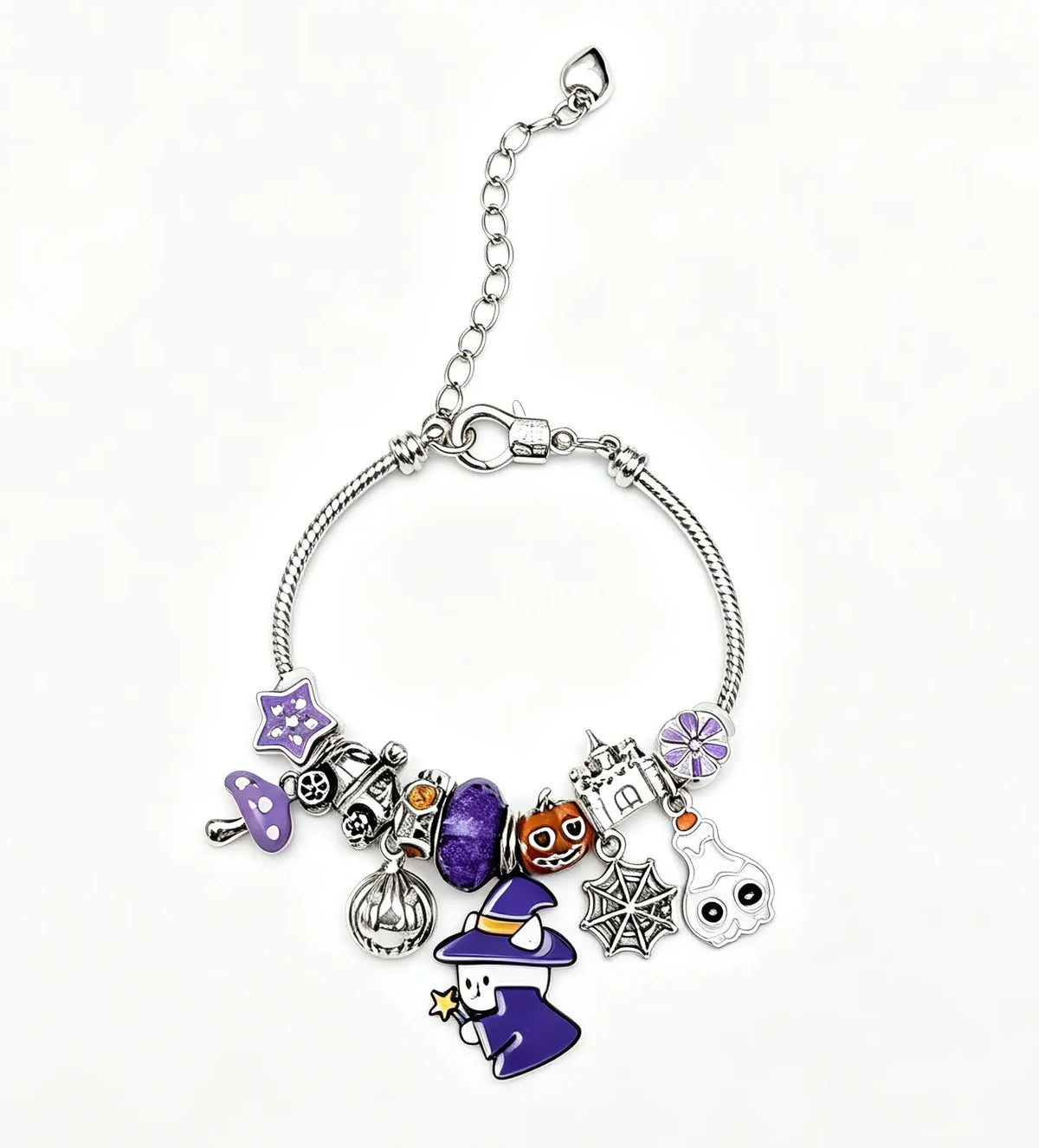 Halloween Witch Cat Charm Bracelet, Adjustable Silver Snake Chain Bangle with Pumpkin Ghost Spider Web Castle Purple Beads, Spooky Holiday Jewelry Gift for Women Teen Girls