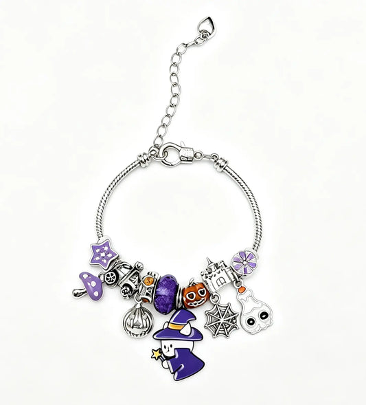 Halloween Witch Cat Charm Bracelet, Adjustable Silver Snake Chain Bangle with Pumpkin Ghost Spider Web Castle Purple Beads, Spooky Holiday Jewelry Gift for Women Teen Girls