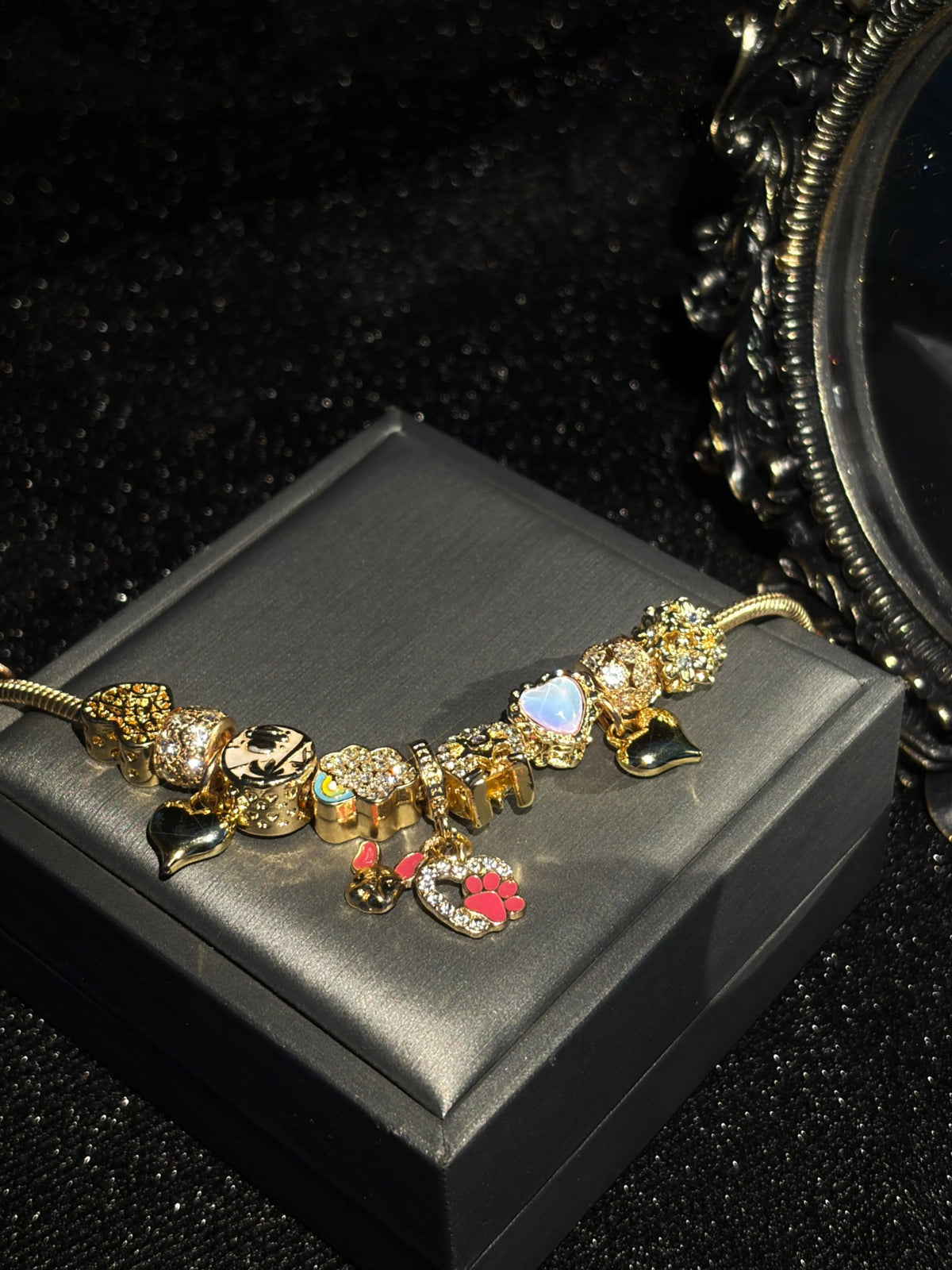 Women's Gold-Tone Snake Bone Charm Bracelet with Cute Pet Paw Heart Dangle Charms and Sparkling Crystal Beads - Fashion Costume Jewelry Gift for Teen Girls