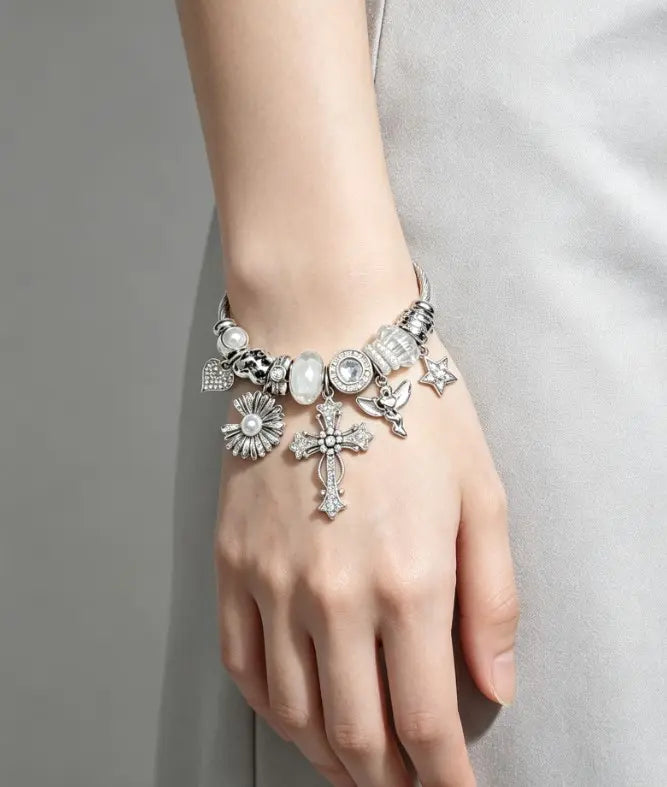 Silver Twisted Cable Open Bangle Bracelet, Rhinestone Cross Angel Daisy Pearl Star Heart Charms Beaded Bracelet, Vintage Elegant Jewelry Gift for Women Teen Girls