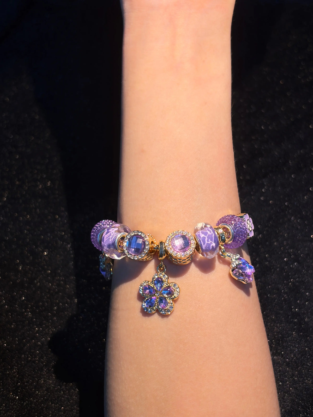 Women's Gold-Tone Adjustable Snake Chain Stackable Charm Bracelet with Sparkly Purple Flower, Butterfly Glass Bead Charms - Trendy Costume Jewelry Gift for Ladies