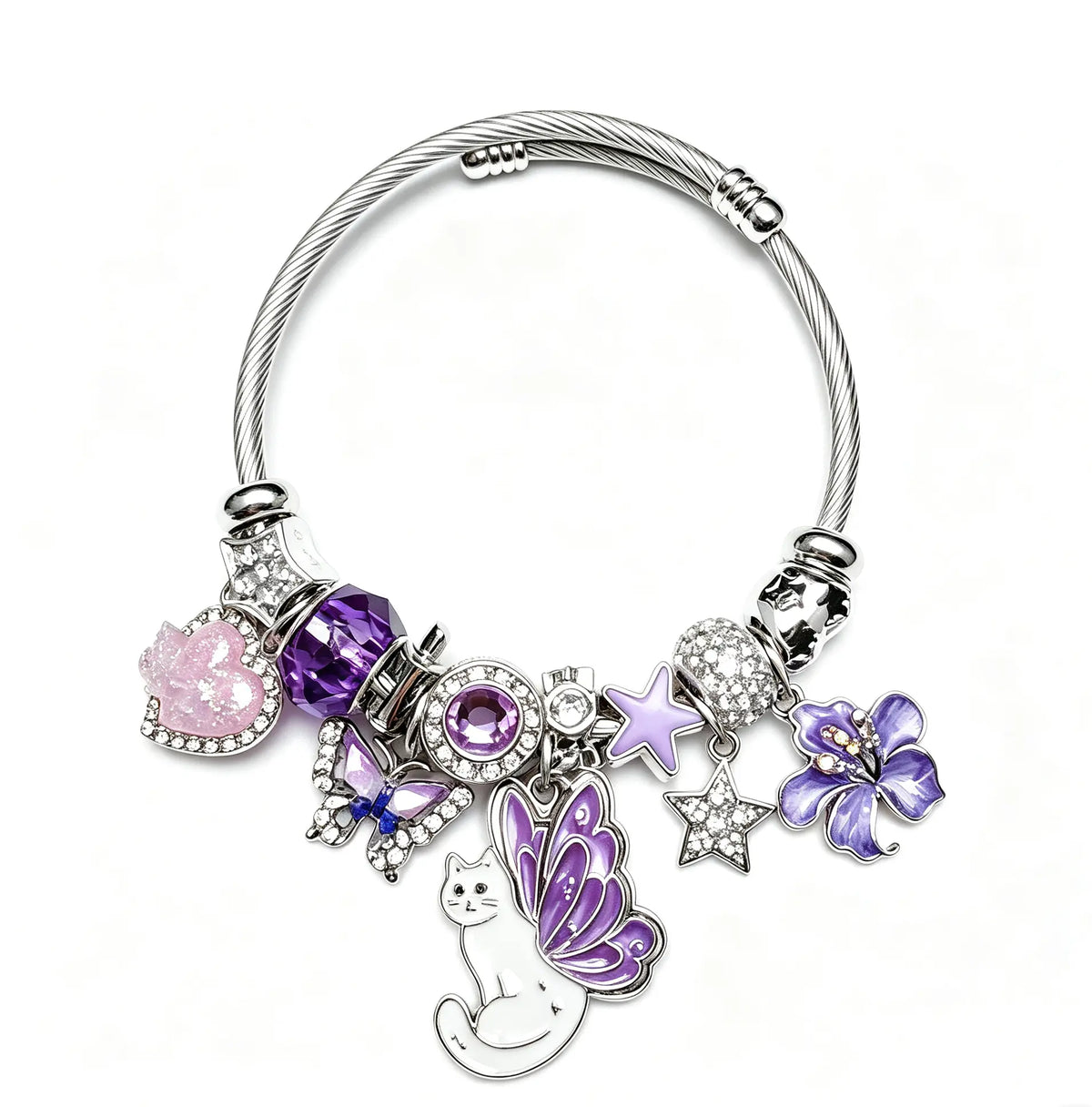 Purple Butterfly Winged Cat Charm Bracelet, Adjustable Stainless Steel Twisted Wire Open Cuff Bangle with Crystal, Star, Flower & Pink Heart Charms, Dainty Jewelry Gift for Women Teen Girls