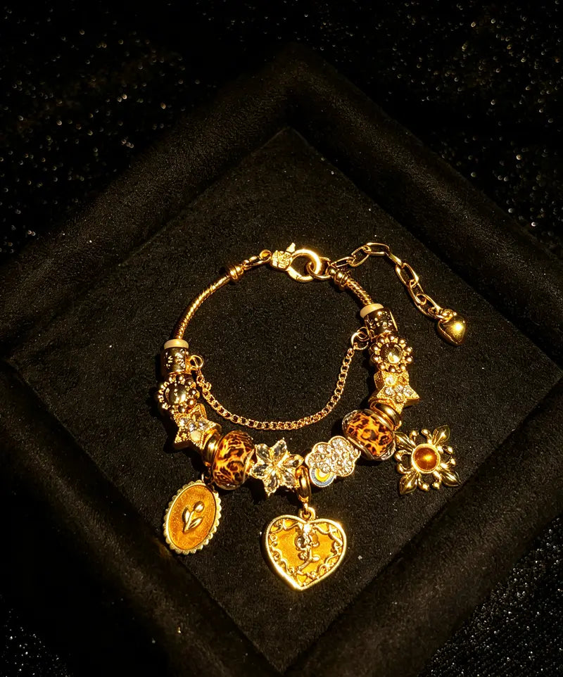 Gold Leopard Print Beaded Charm Bracelet, Vintage Heart Pendant Bangle with Crystal Flower Dangle Charms, Women Fashion Jewelry Gift