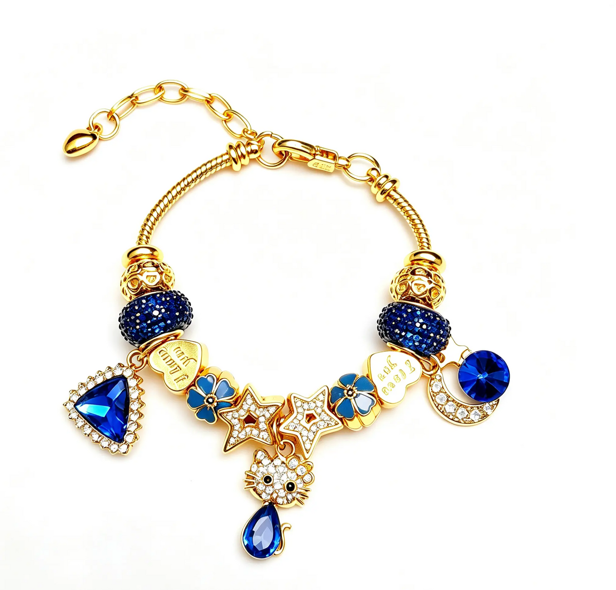 Gold Plated Blue Crystal Cat Charm Bracelet, Adjustable Snake Chain Beaded Bracelet with Star Moon Heart Charms, Fashion Jewelry Gift for Women