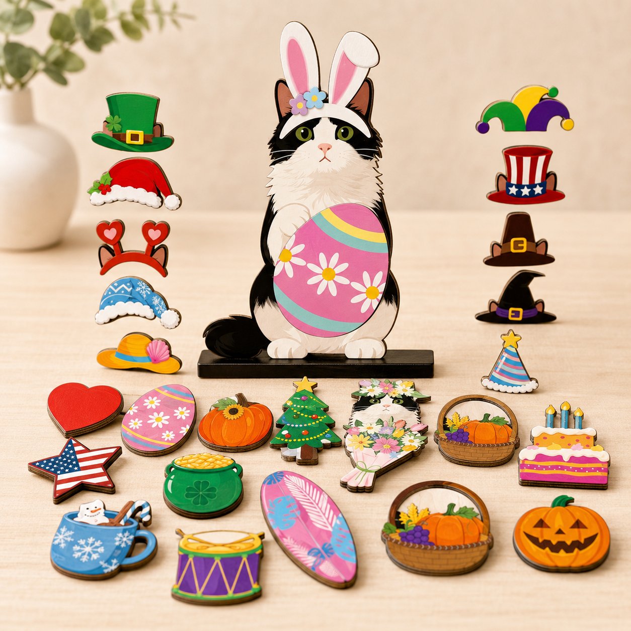 🔥 Last Day 51% OFF - Interchangeable Magnetic Seasonal Cat Wooden Tabletop Decor Set