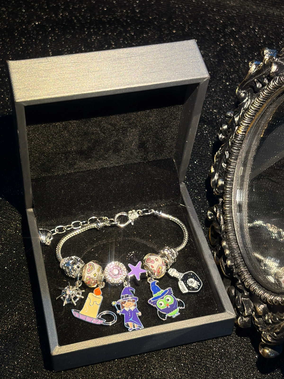 Silver Tone Halloween Magic Theme Charm Bracelet, Adjustable Snake Chain With Witch Owl Candle Crystal Ball Dangle Charms, Color Printed Glass Beads Rhinestone Spacer Beads, Stackable Cute Festival Jewelry, Party Cosplay Accessory for Women Teen Girls