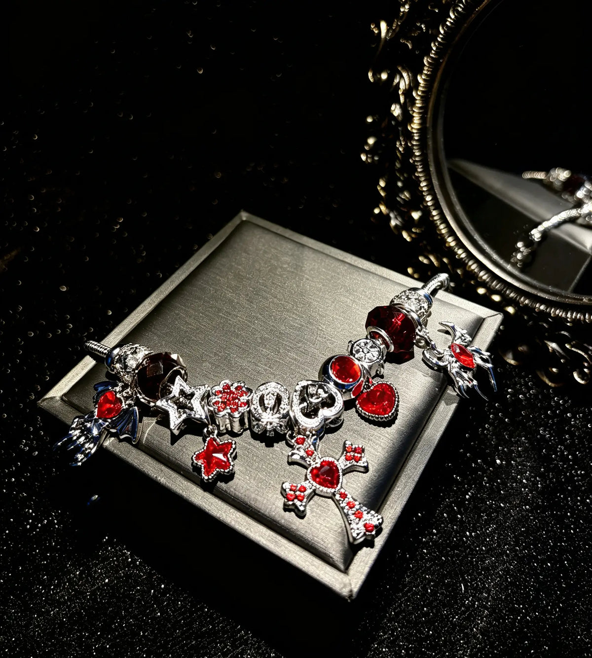 Gothic Red Heart Cross Charm Bracelet, Silver Snake Chain Beaded Bracelet with Spider Star Crystal Charms, Vintage Dark Aesthetic Jewelry Gift for Women